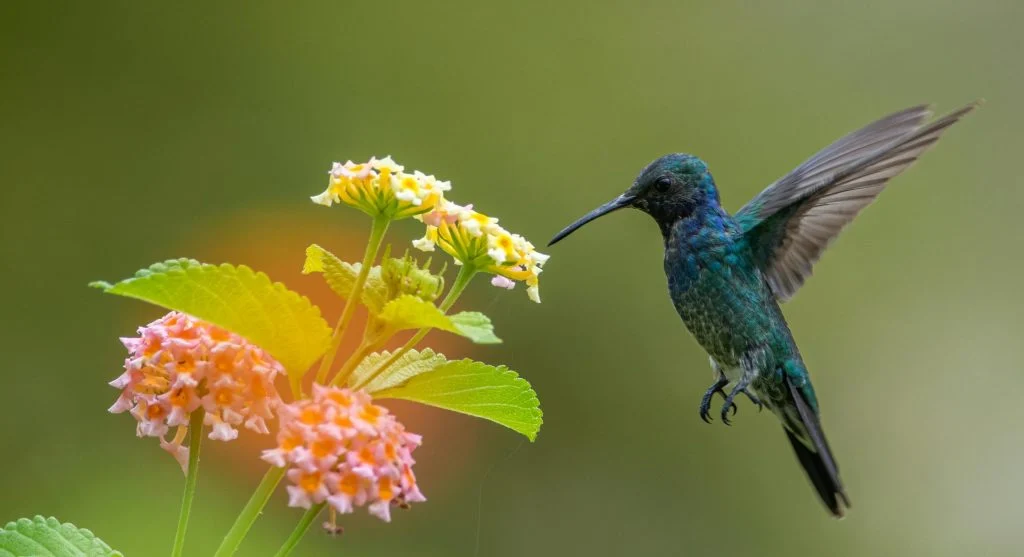 A hummingbird drinking nectar from a vibrant flower